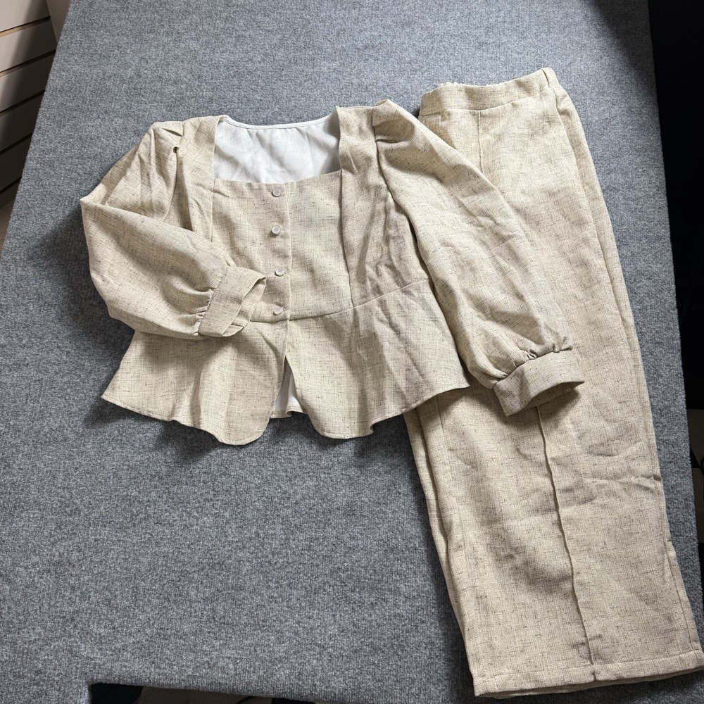 Womens Beige Linen Look 2 Piece Set Square Neck Peplum Top Trousers Cream 3X